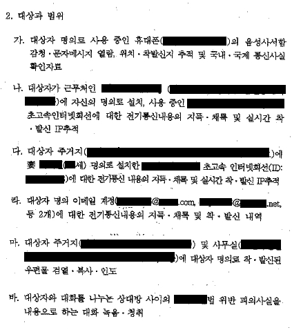 감청 허가서 (일부 예시)
