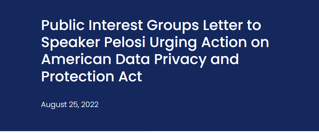 미국 개인정보보호법에 대한 조치를 촉구하는 펠로시 하원의장에게 보내는 시민단체 서한